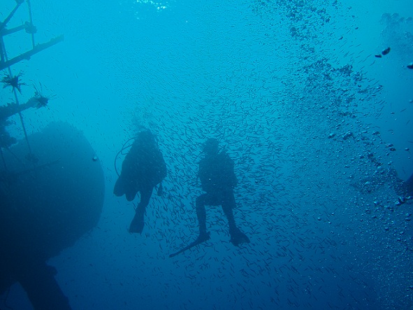 Divers on the Giannis D wreck, Sha'ab Abu Nuhas, Northern Red Sea